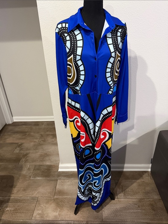 Dresses & Skirts - Vibrant Blue Abstract Print Button-Front Dress